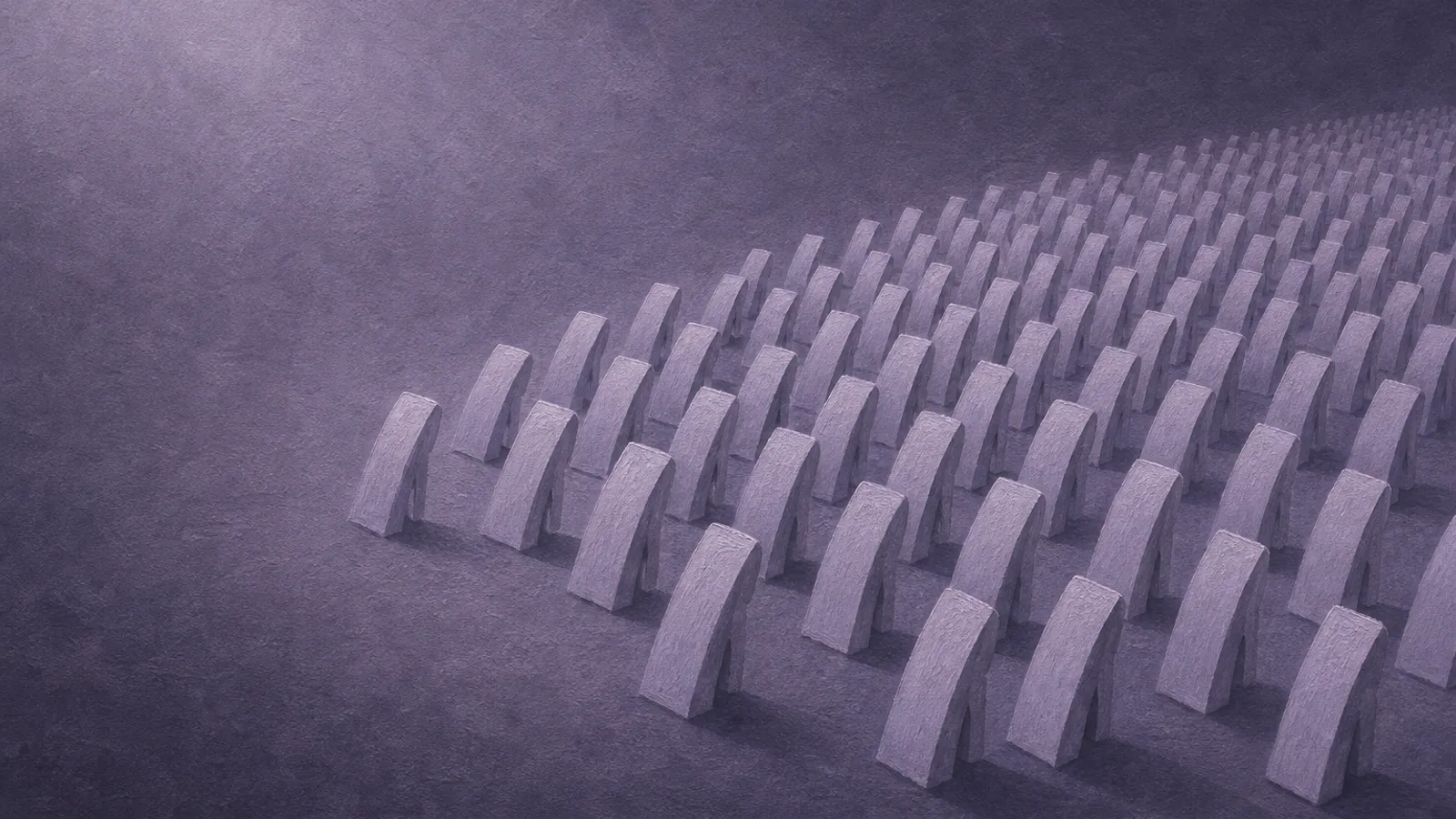 Rows of identical small blank paper figures on a dusty-violet surface, each leaning slightly toward the same point