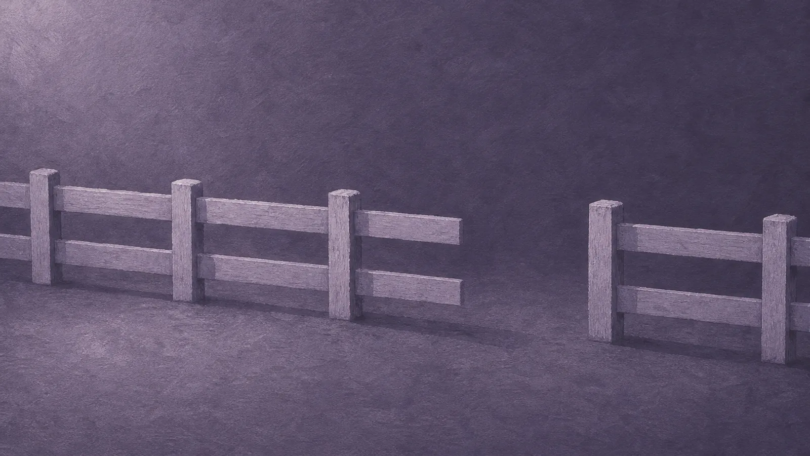 A low paper fence being assembled rail by rail across a dusty-violet surface, one section still missing