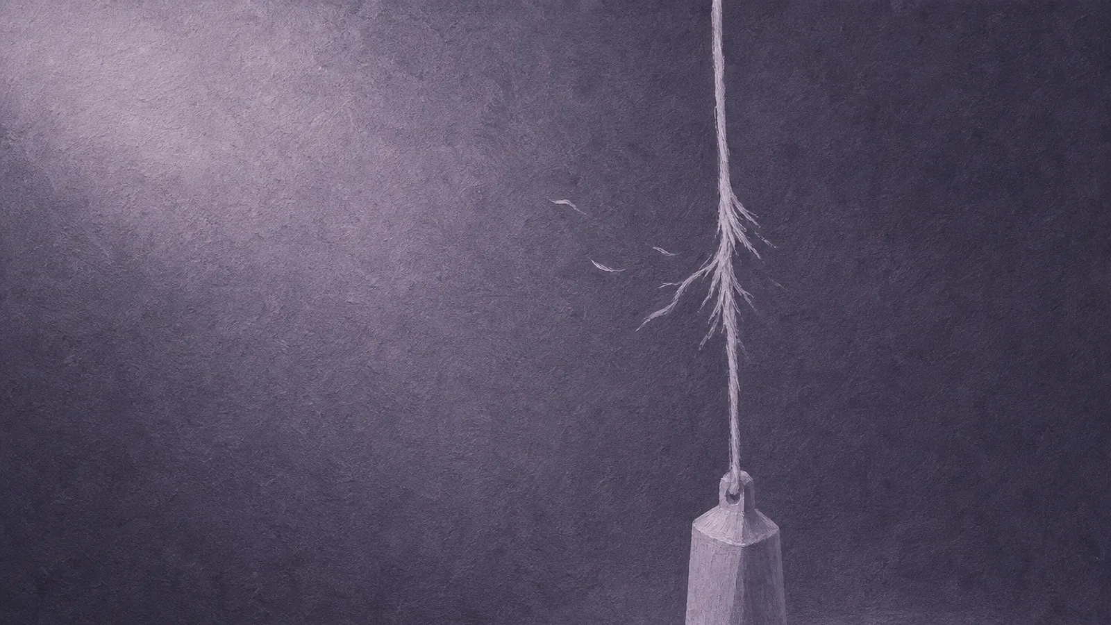 A single frayed paper thread bearing a small hanging weight, its fibres starting to come apart, on a dusty-violet surface