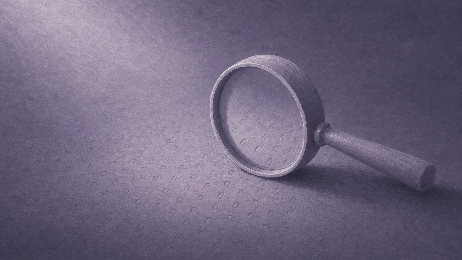 A tipped-over paper magnifying glass resting over a faint repeating pattern pressed into a dusty-violet surface