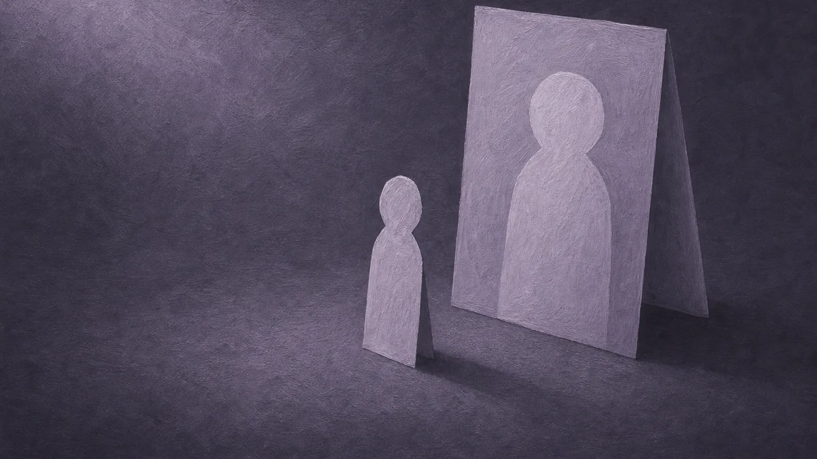 A small paper figure facing a folded paper mirror that returns only a softened echo of its own outline, on a dusty-violet surface