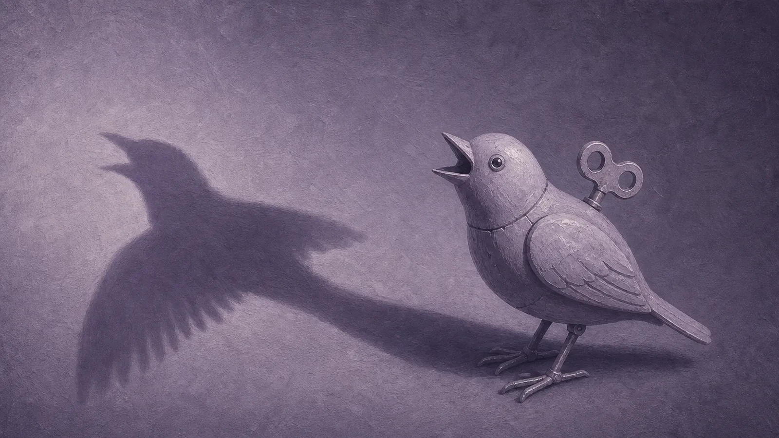 A wind-up tin songbird casting the shadow of a real bird on dusty violet paper