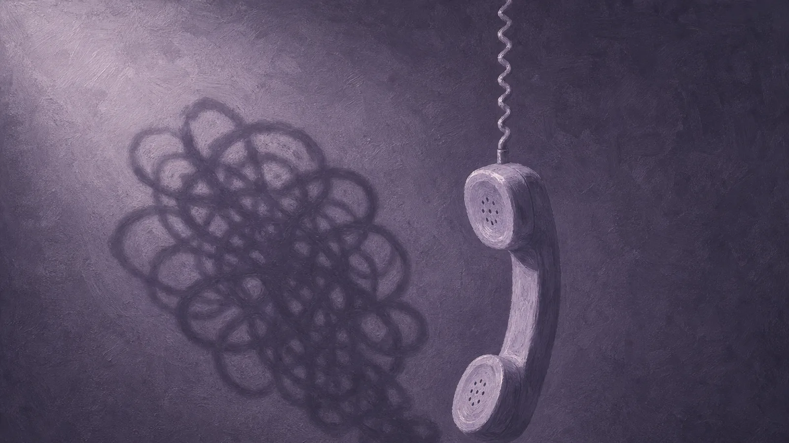 A telephone handset hanging by its cord, casting a long tangled shadow