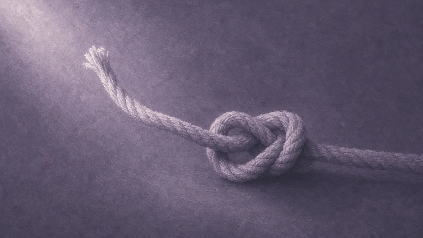 A rope knot half untied, its loose end catching a soft light
