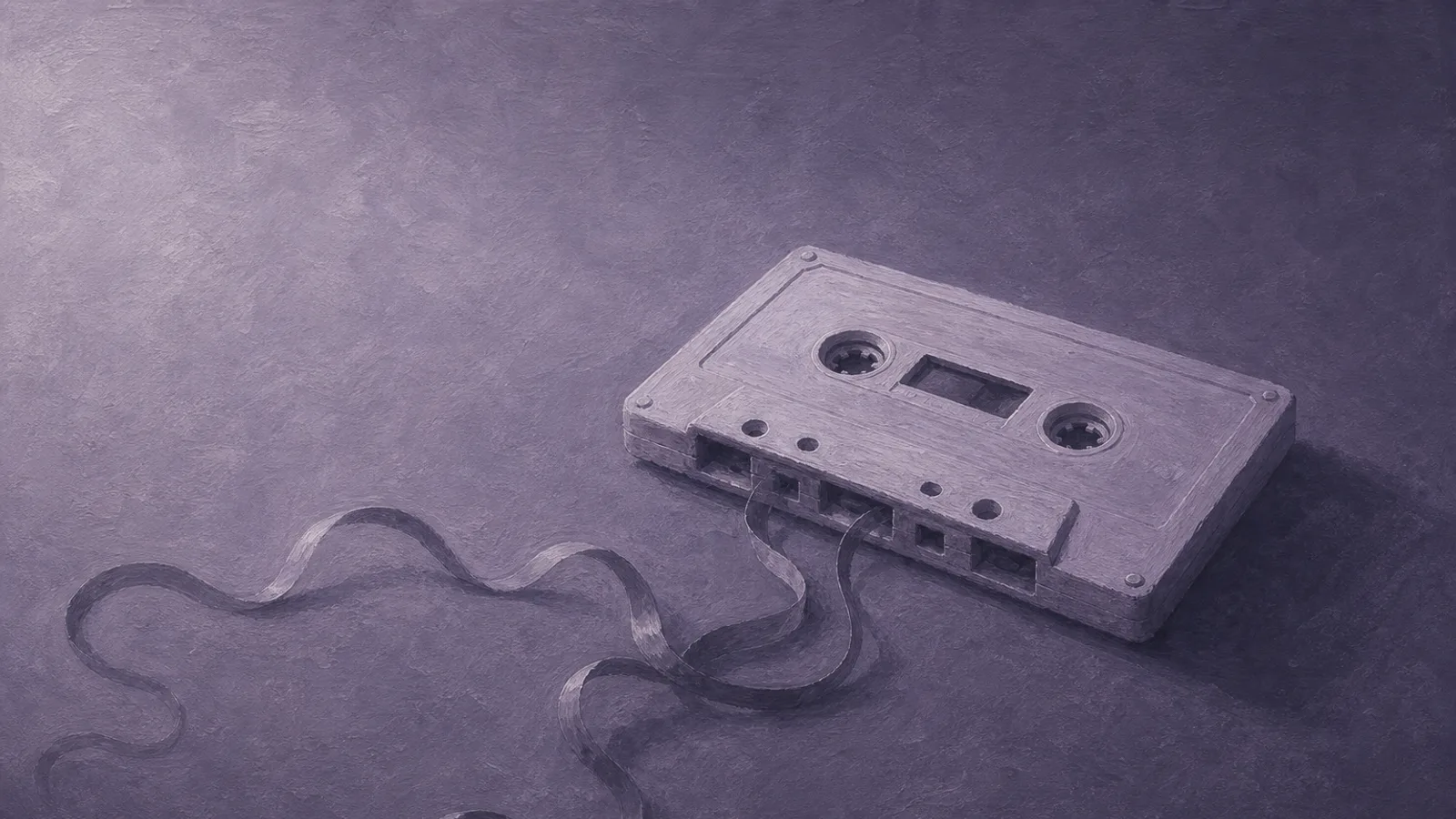 A cassette tape unspooling, its ribbon drifting off the edge of the page