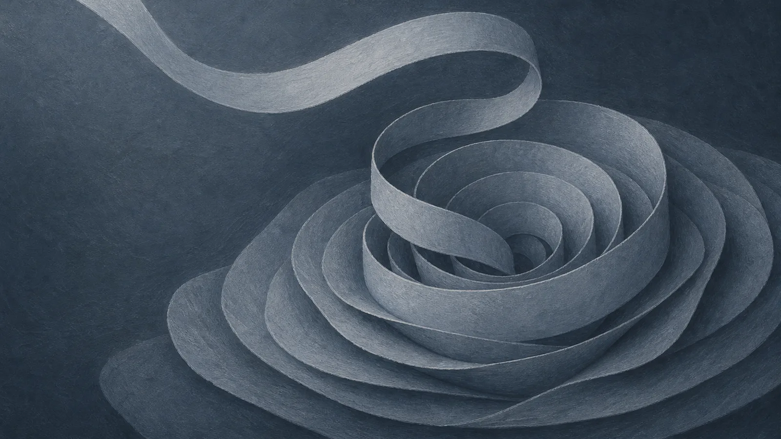 Una cinta de papel interminable que se desenrolla en una espiral suelta sobre pliegues superpuestos azul pizarra