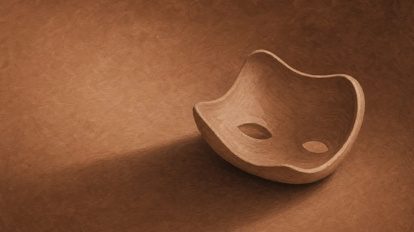 A painted theatrical mask lying face-down on cream paper, casting a long shadow