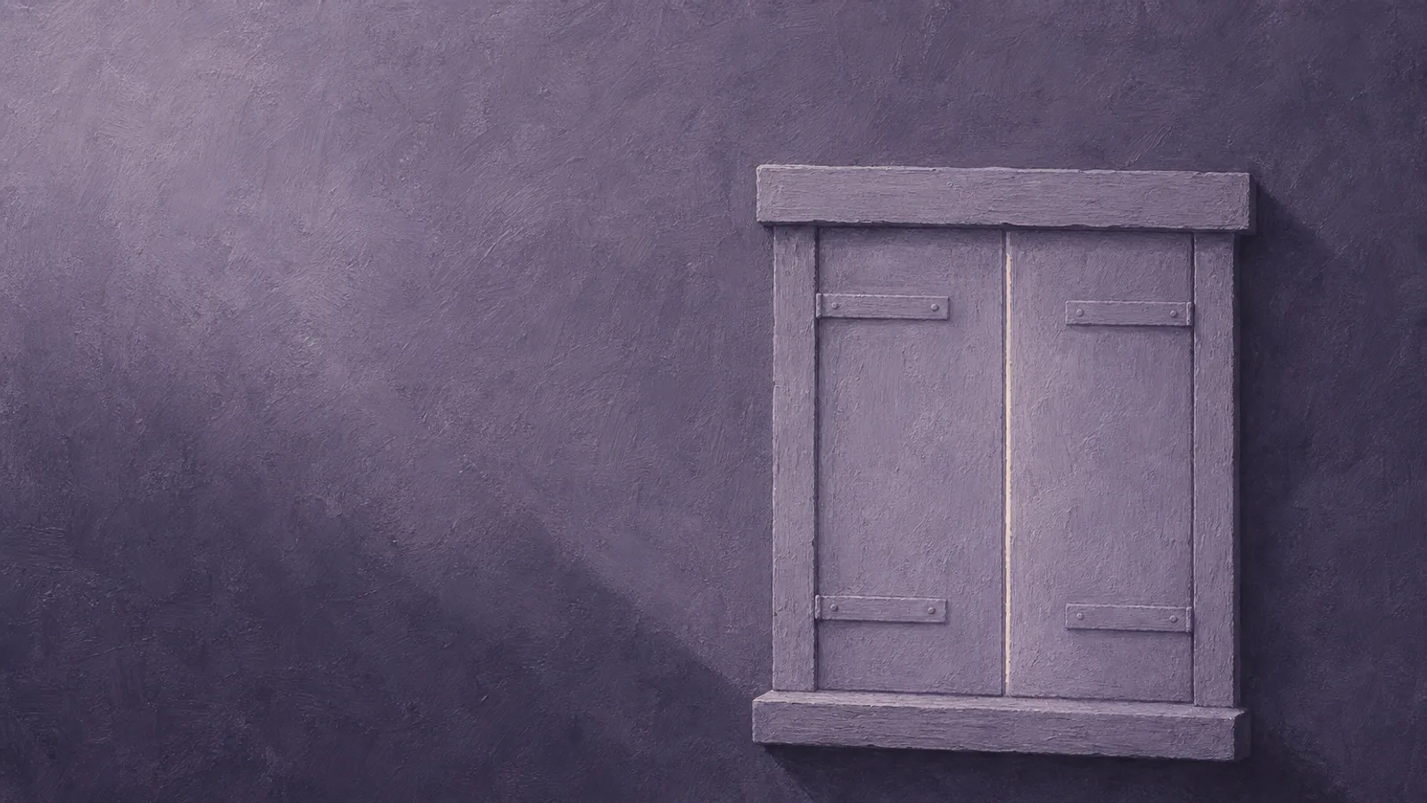 A small paper window with its shutters closed, set into a folded paper wall, on a dusty-violet surface