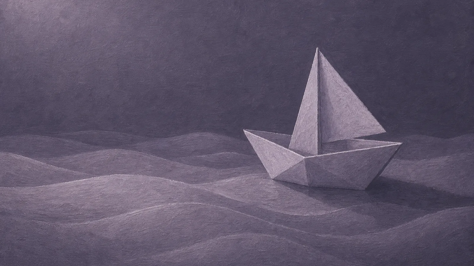 A small paper boat with a folded paper sail on calm, layered paper waves, on a dusty-violet surface