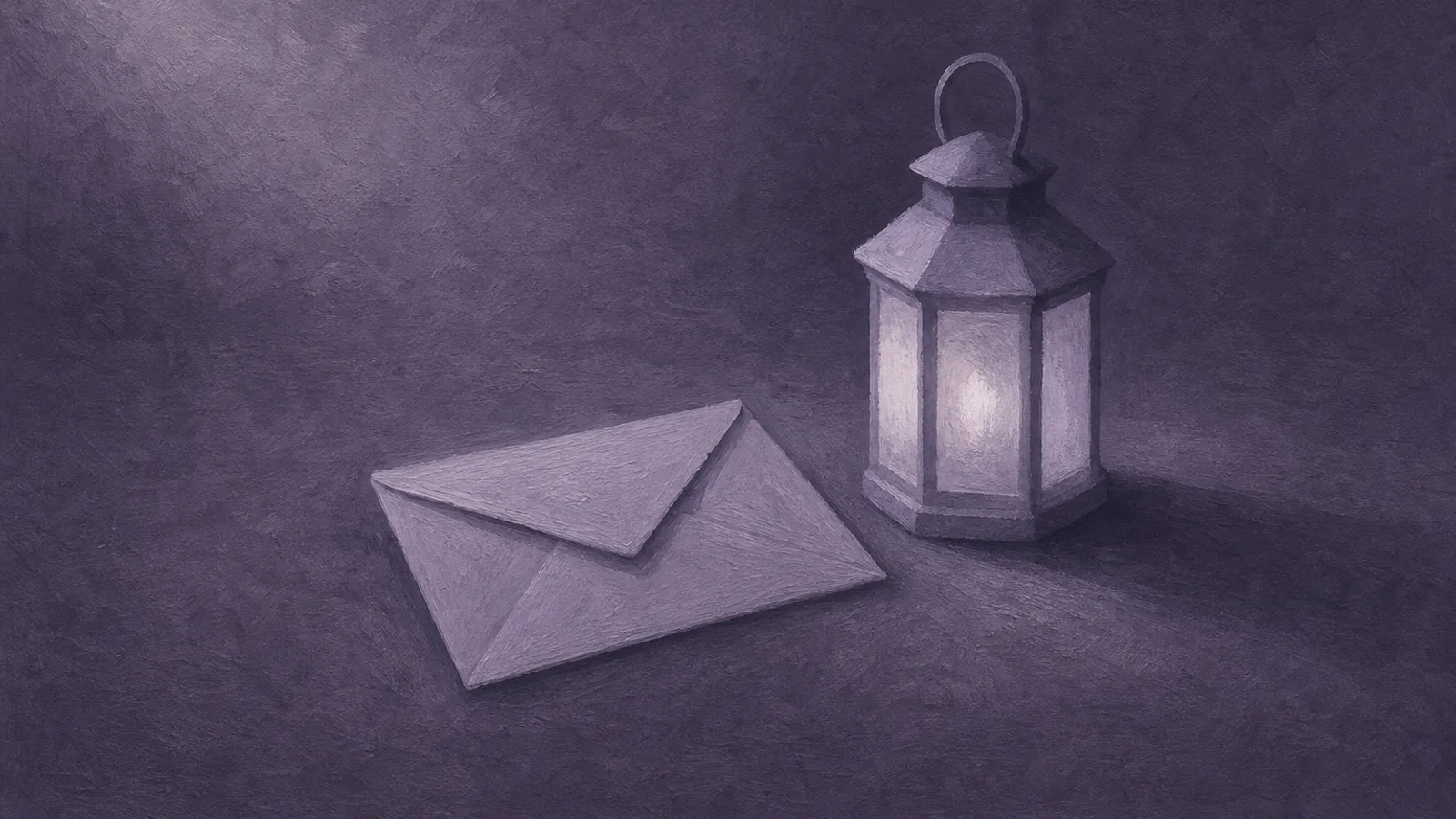 A single folded paper envelope resting beside a small lit paper lantern, on a dusty-violet surface