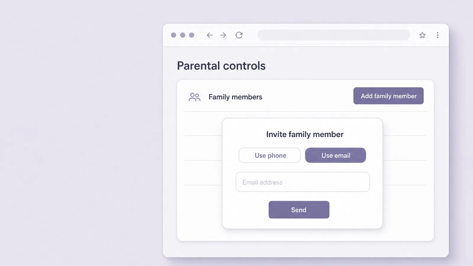 Illustrated mockup of a Parental controls page with an Invite family member dialog offering phone or email