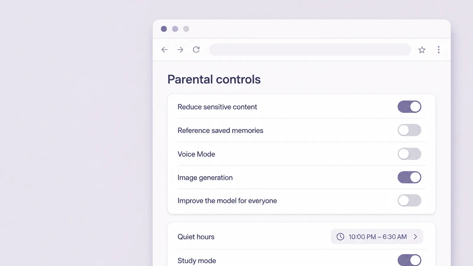 Illustrated mockup of a parental-controls settings list with toggle switches and a quiet-hours schedule