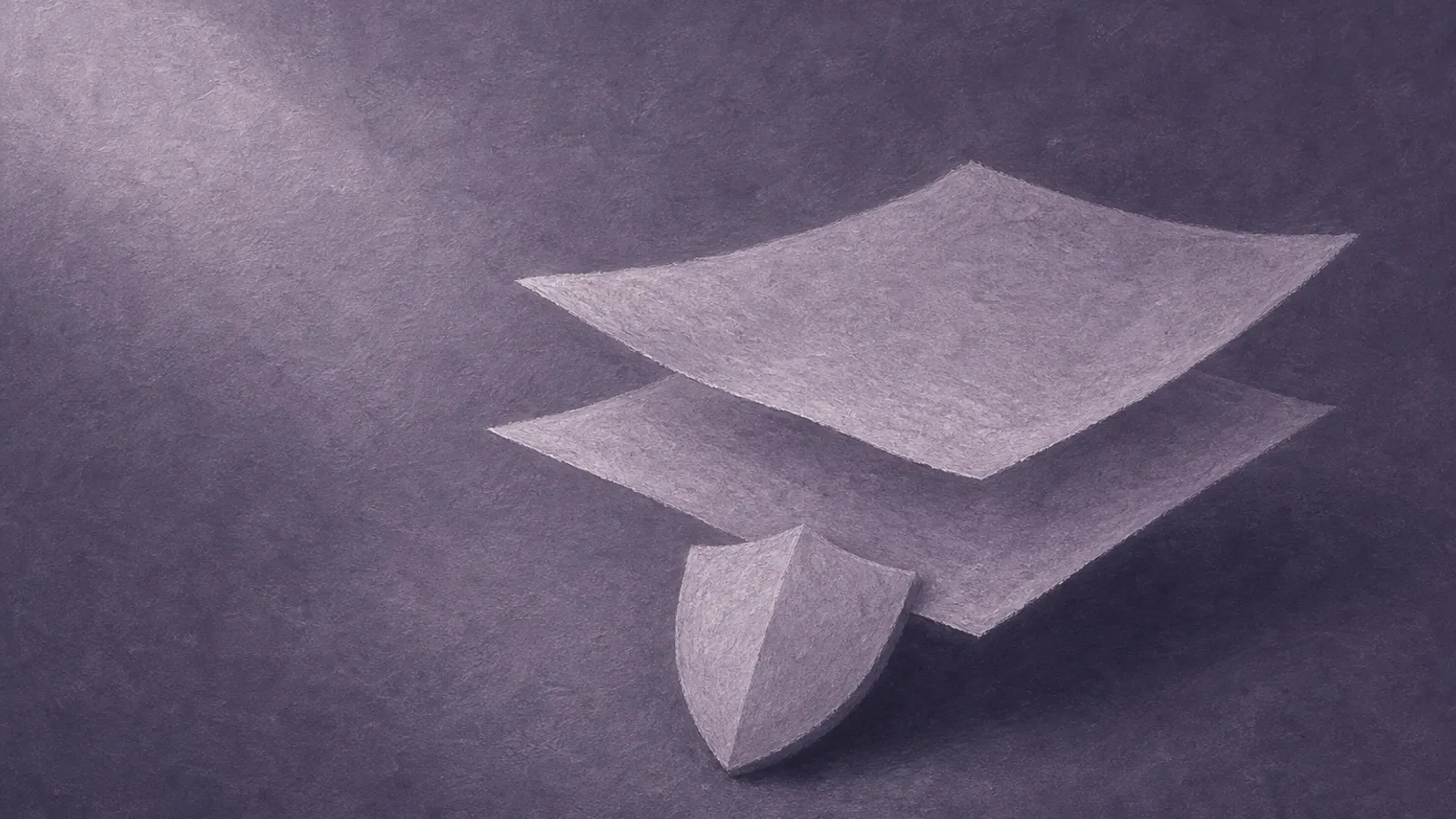 Two translucent paper sheets layered over a small folded paper shield, on a dusty-violet surface