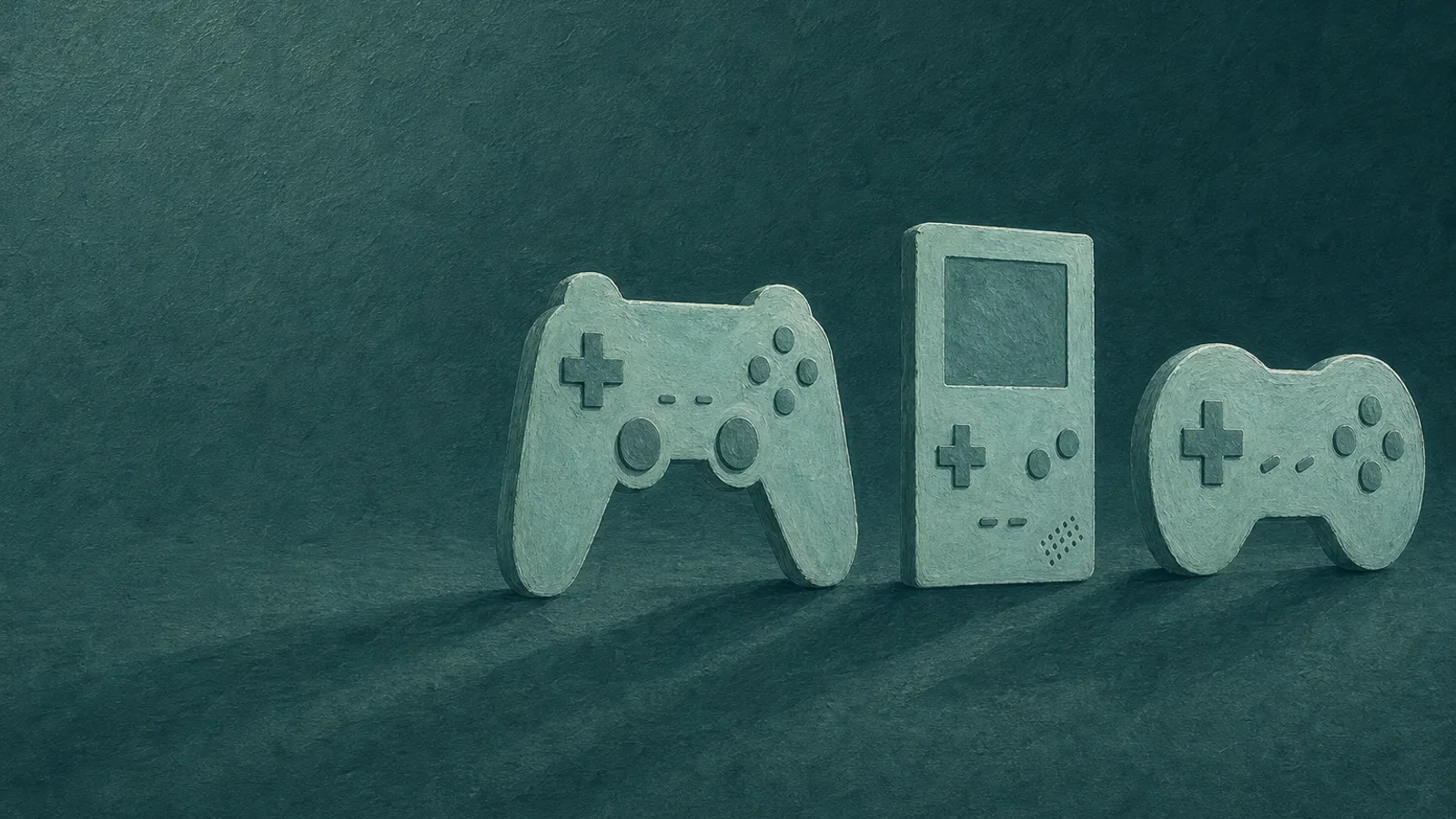 深いティール色の背景に、異なるシルエットの3つのシンプルな紙製ゲームコントローラーが一列に並び、長い影を落としている