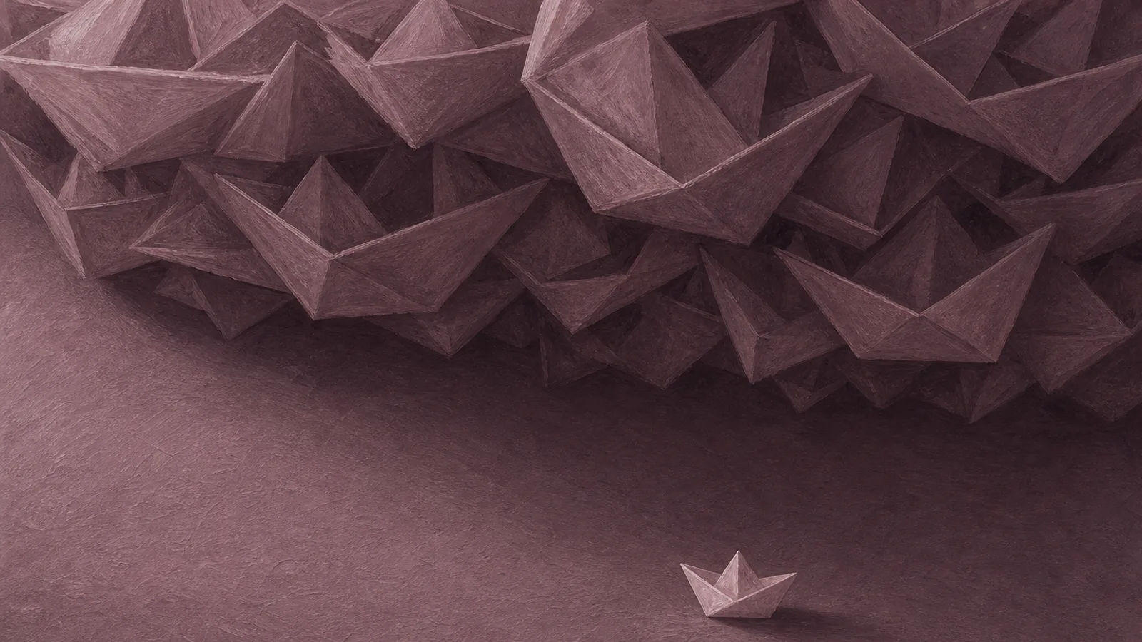 A small paper boat alone beneath a looming cluster of larger identical paper boats