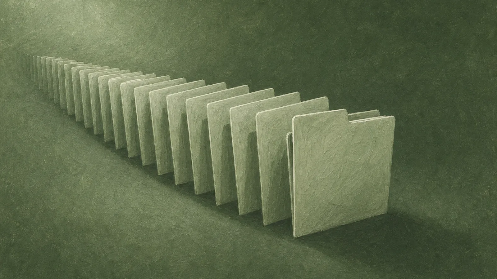 Um único dossiê de papel desdobrado em muitas cópias idênticas sobre uma superfície verde-sálvia