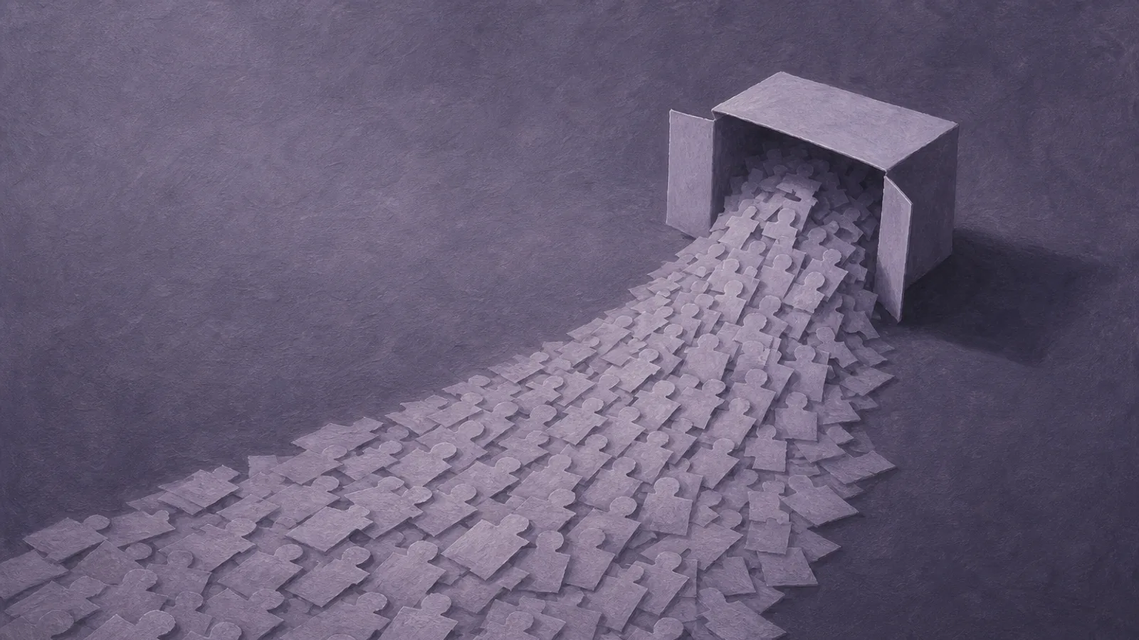 A small open paper box on a dusty-violet surface spilling a cascade of identical blank paper figures