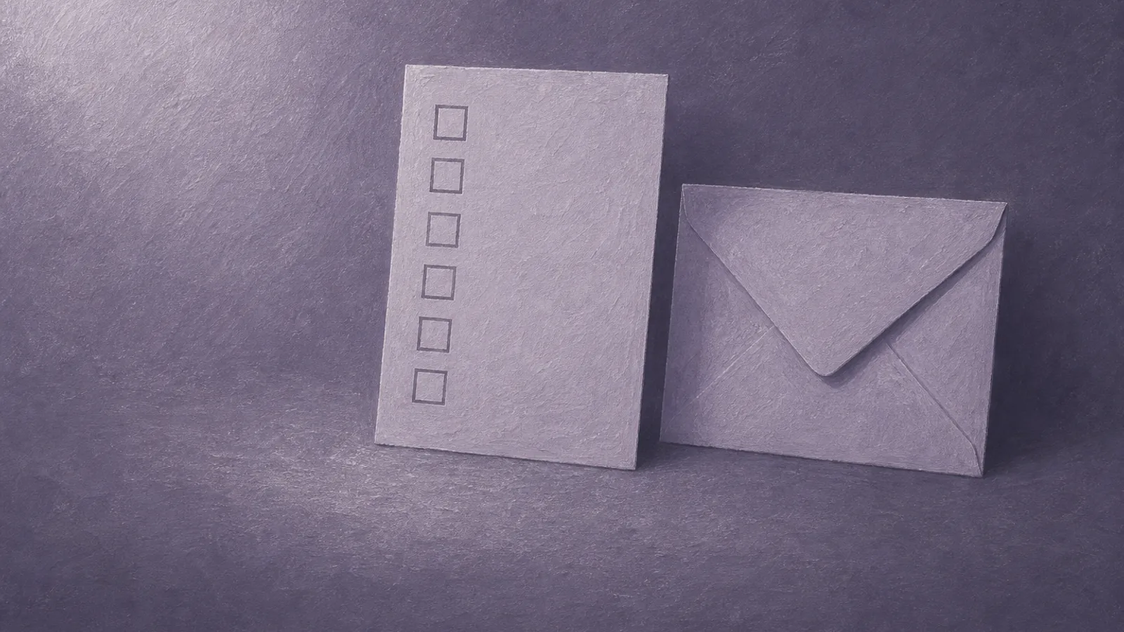 A numbered paper checklist card resting beside a sealed paper envelope on a dusty-violet surface