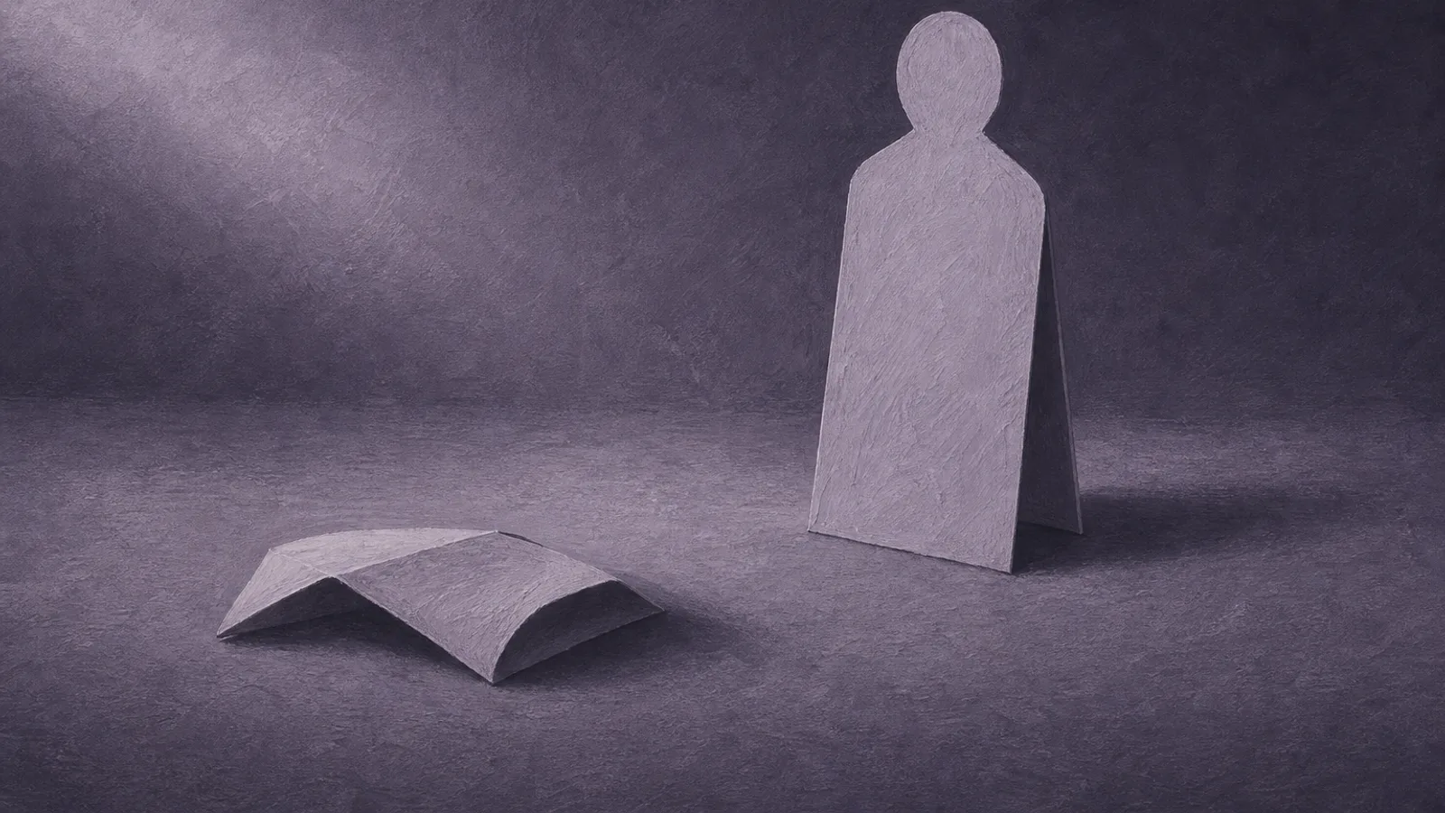 A single paper figure standing apart from a folded paper mask lying face-down on a dusty-violet surface