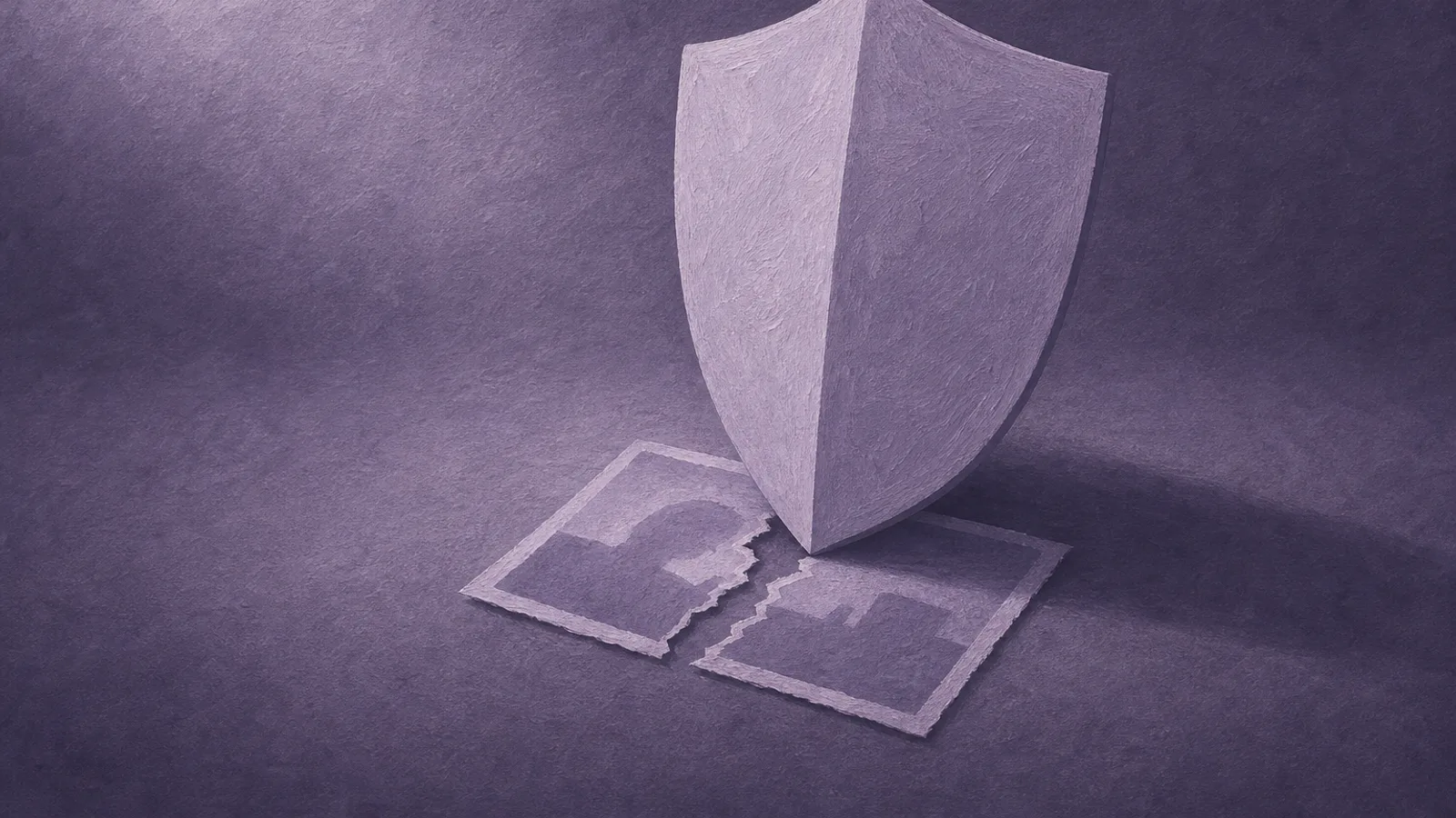 A folded paper shield standing upright over a torn paper photograph on a dusty-violet surface