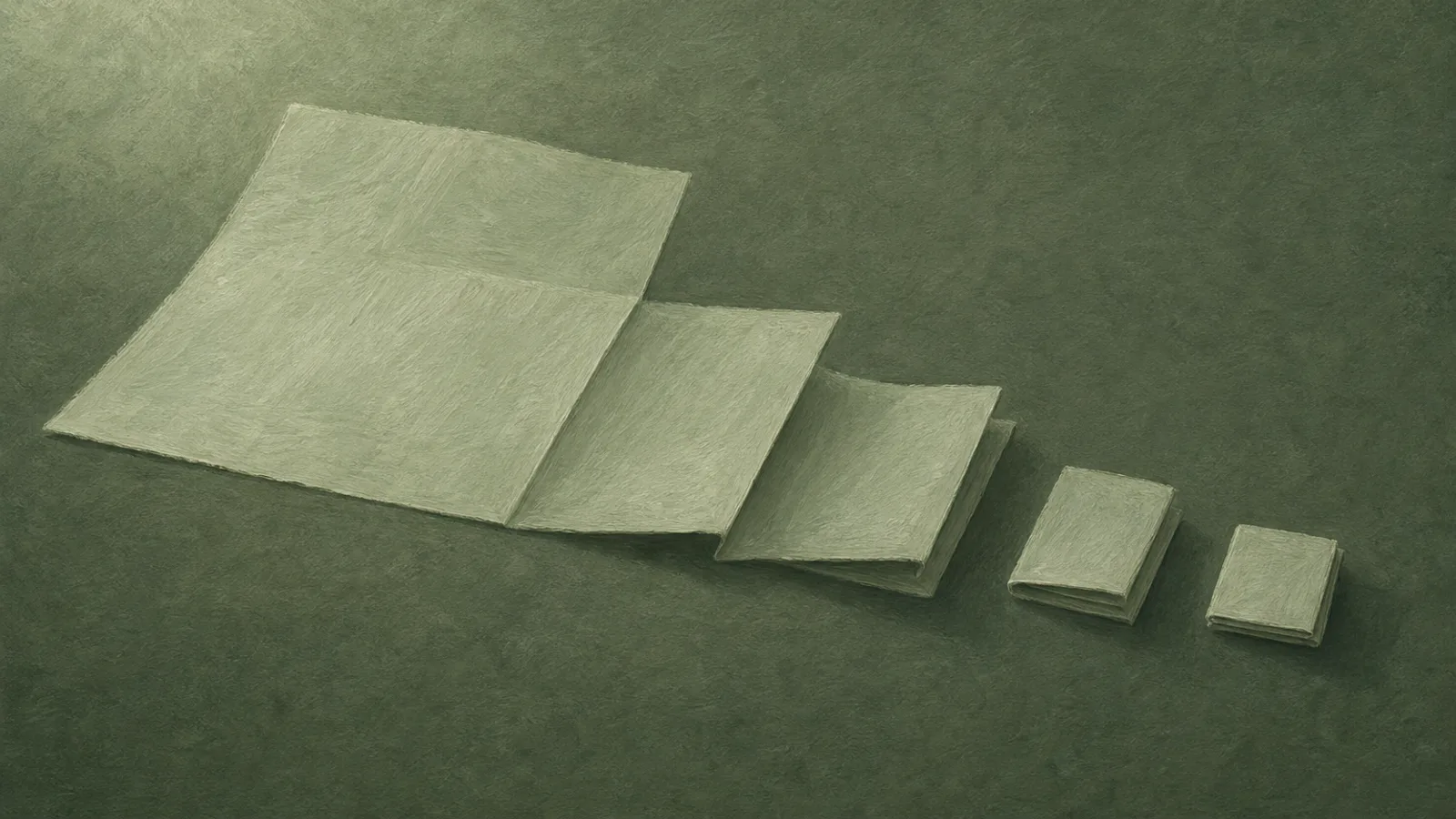Ein breites Papierblatt, das zu einem kleinen, festen Quadrat zusammengefaltet ist, auf einer salbeigrünen Fläche