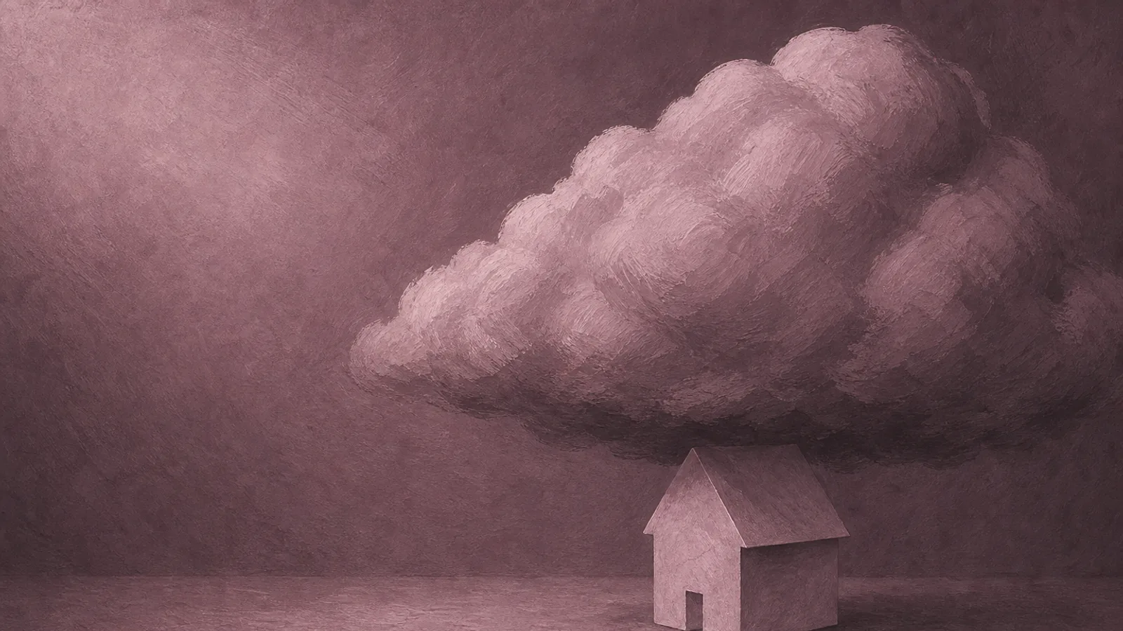 Eine niedrige Papiergewitterwolke, die über einem kleinen gefalteten Papierhaus schwebt