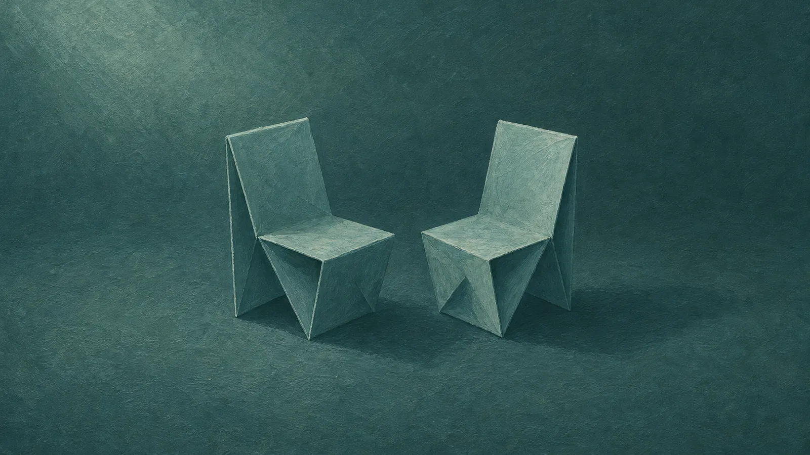 Two folded-paper chairs turned to face each other on a deep-teal surface