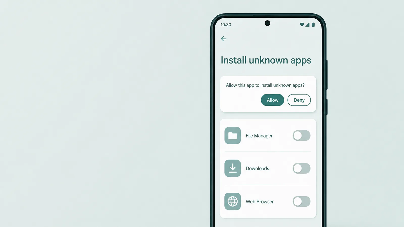 A settings screen showing Install unknown apps permissions and an approval prompt