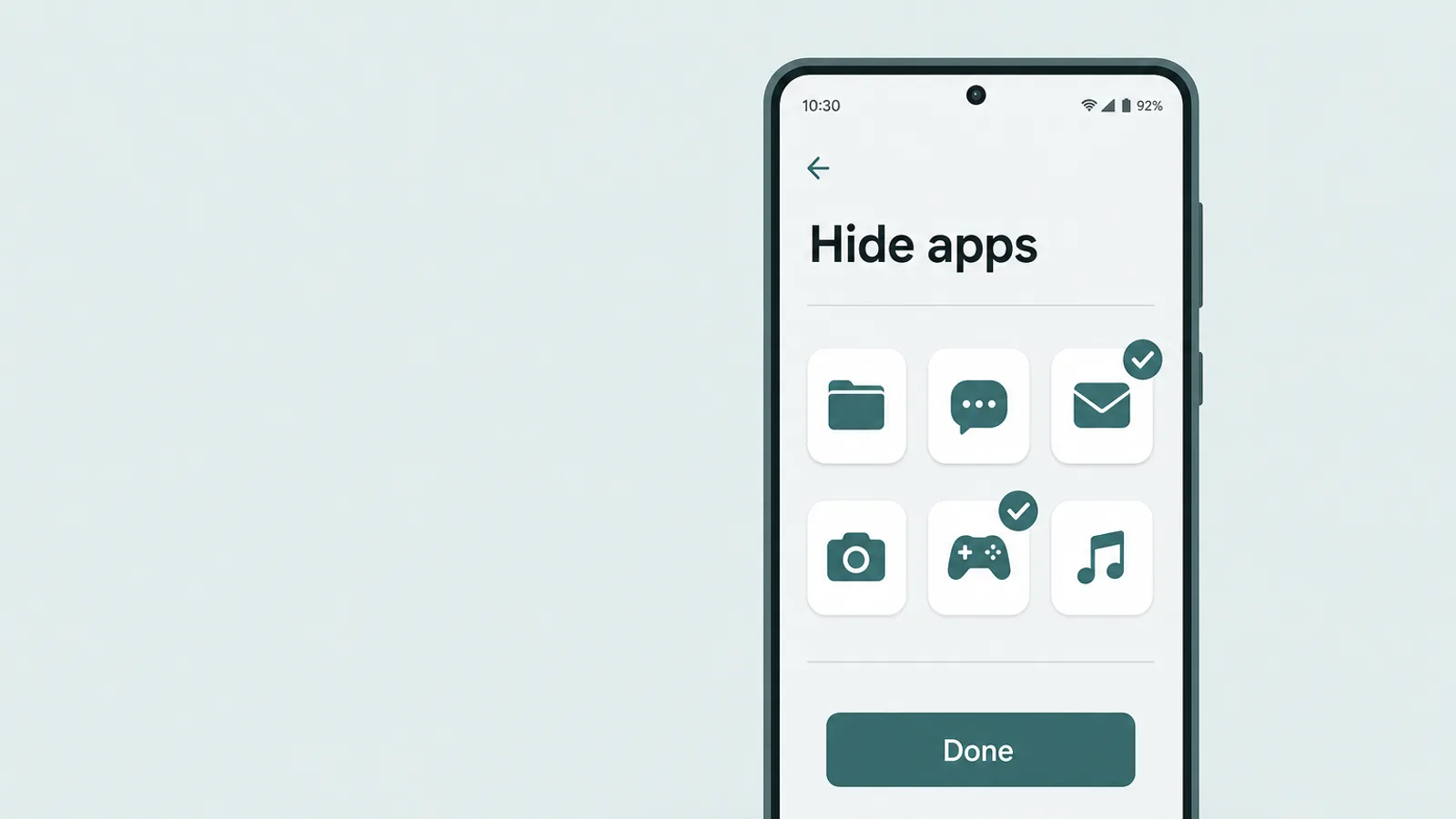 An app drawer settings screen with a Hide apps toggle and a grid of app icons