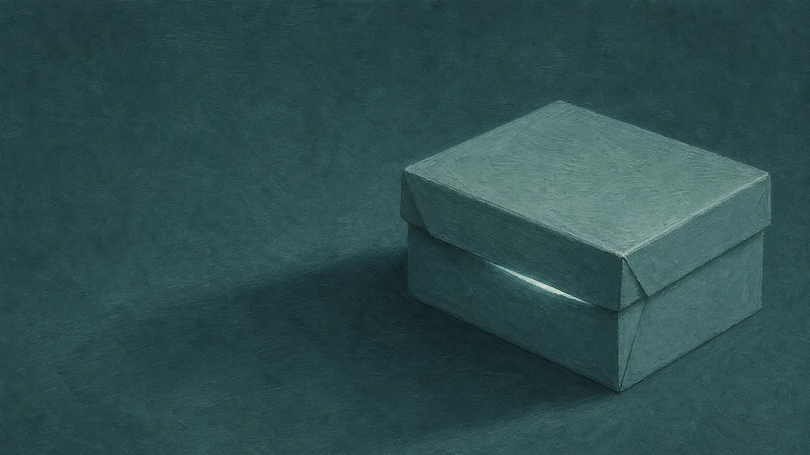 A folded-paper container with thin light escaping through a seam along its edge