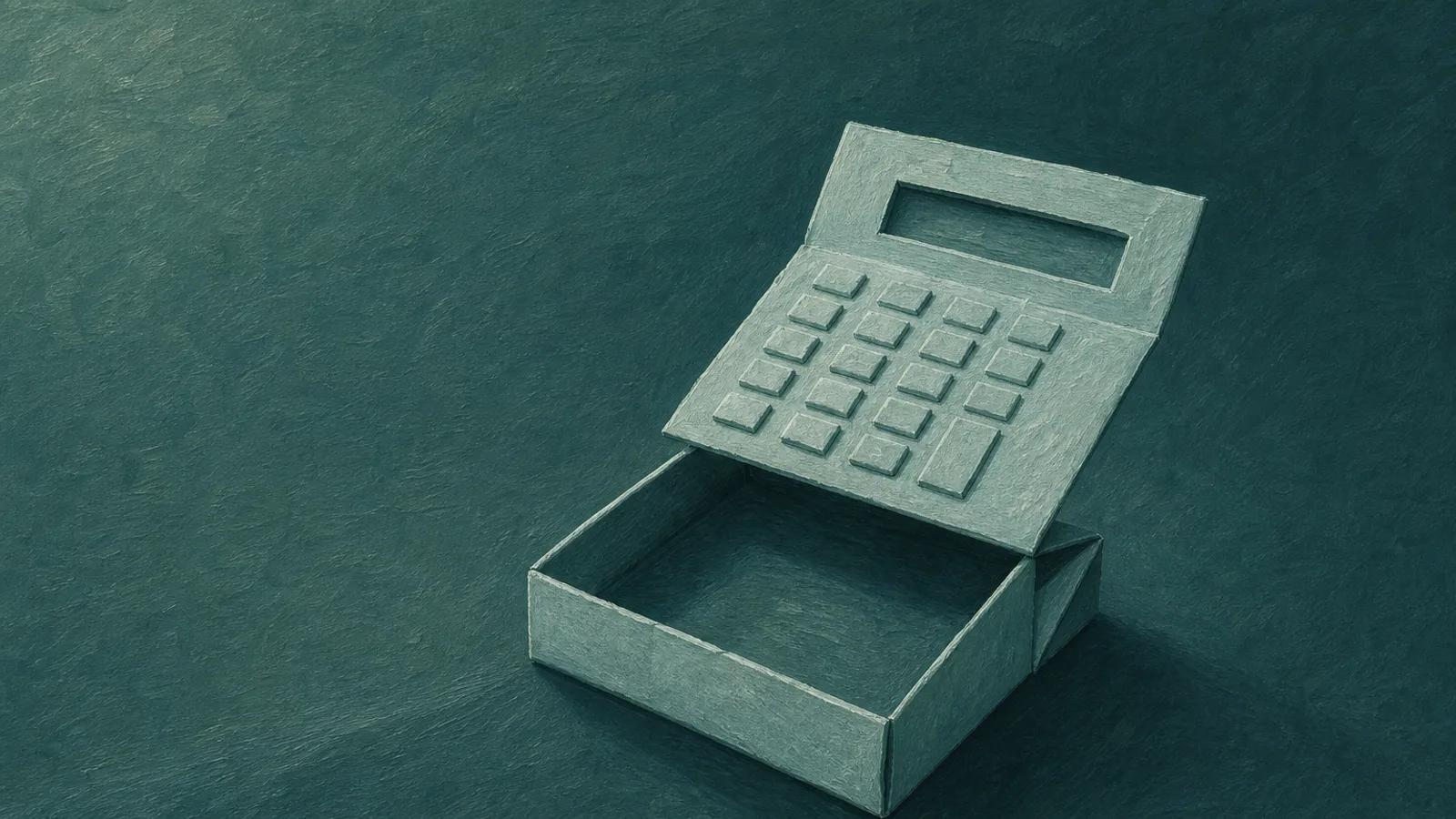 A folded-paper calculator standing open to reveal a small hidden compartment inside