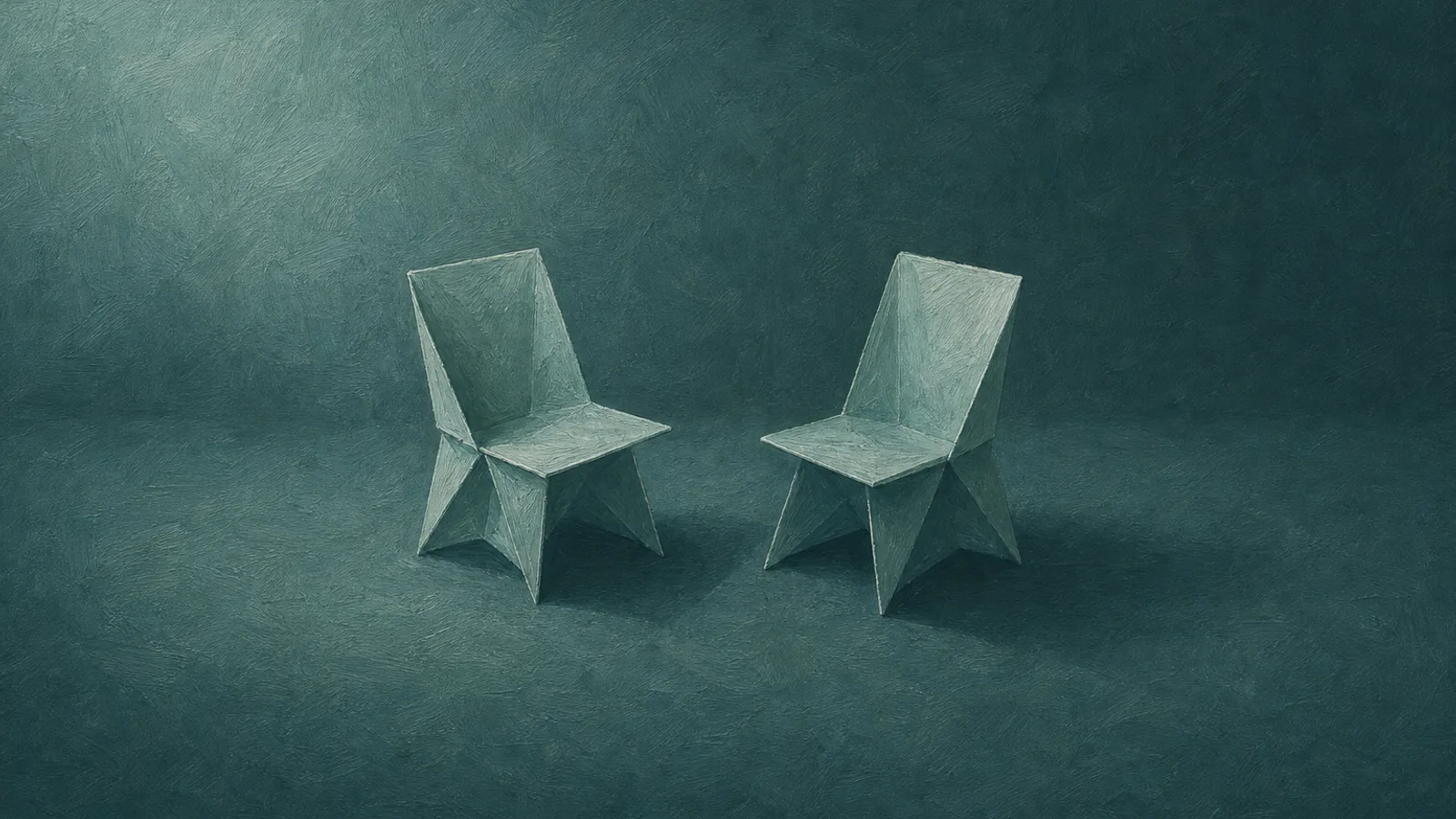 Two folded-paper chairs turned to face each other on a deep-teal surface