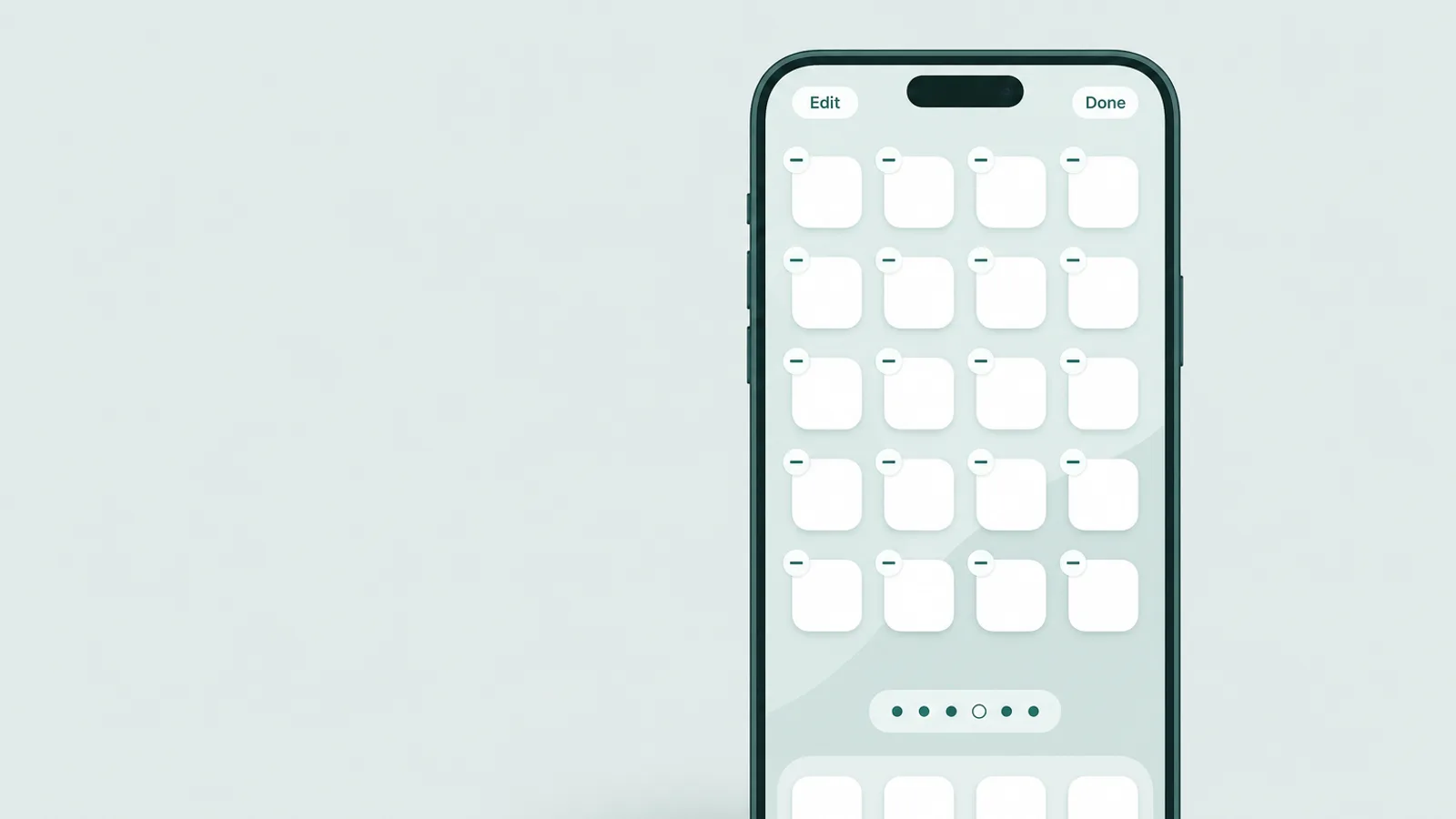 A Home Screen in edit mode showing the page-dots row with one page toggled off