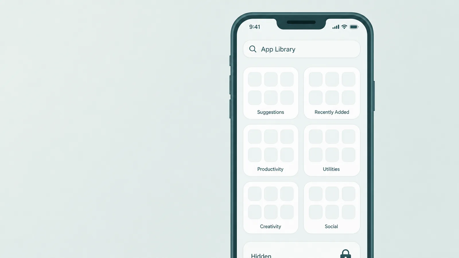 An App Library screen with a locked Hidden folder at the bottom requiring Face ID
