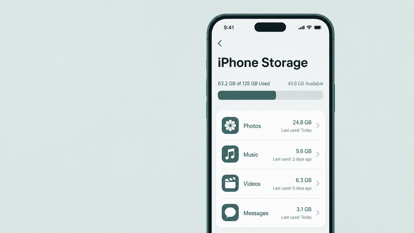 An iPhone Storage settings screen listing installed apps with size and last-used dates