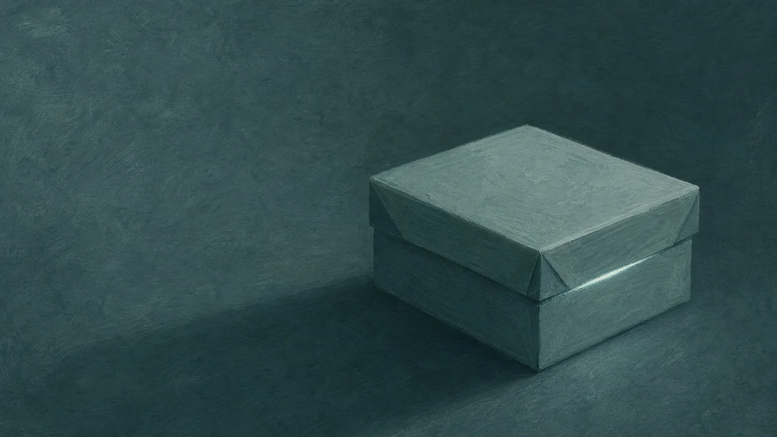 A folded-paper container with thin light escaping through a seam along its edge