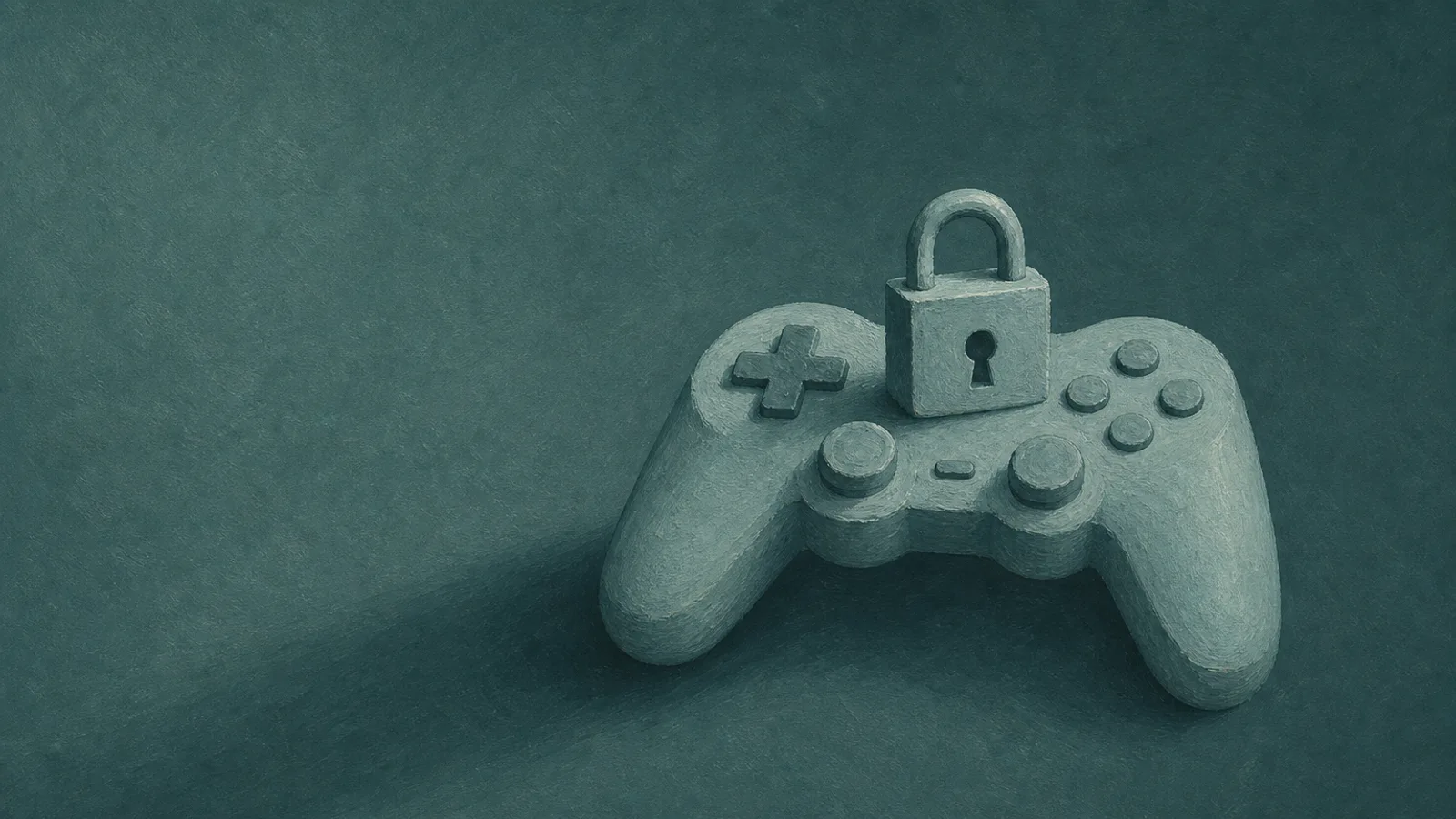 Un controller di carta su una superficie verde-petrolio scura, con un piccolo lucchetto posato sopra, che proietta un'ombra lunga