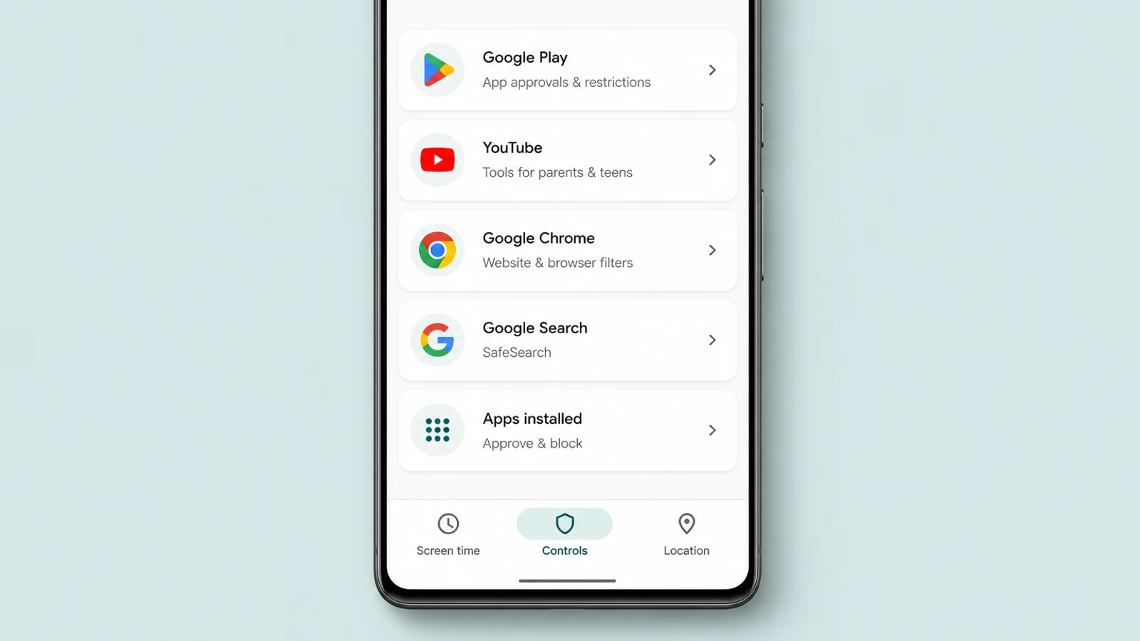 Family Link Controls screen listing Google Play, YouTube, Chrome, Google Search and installed-app restrictions