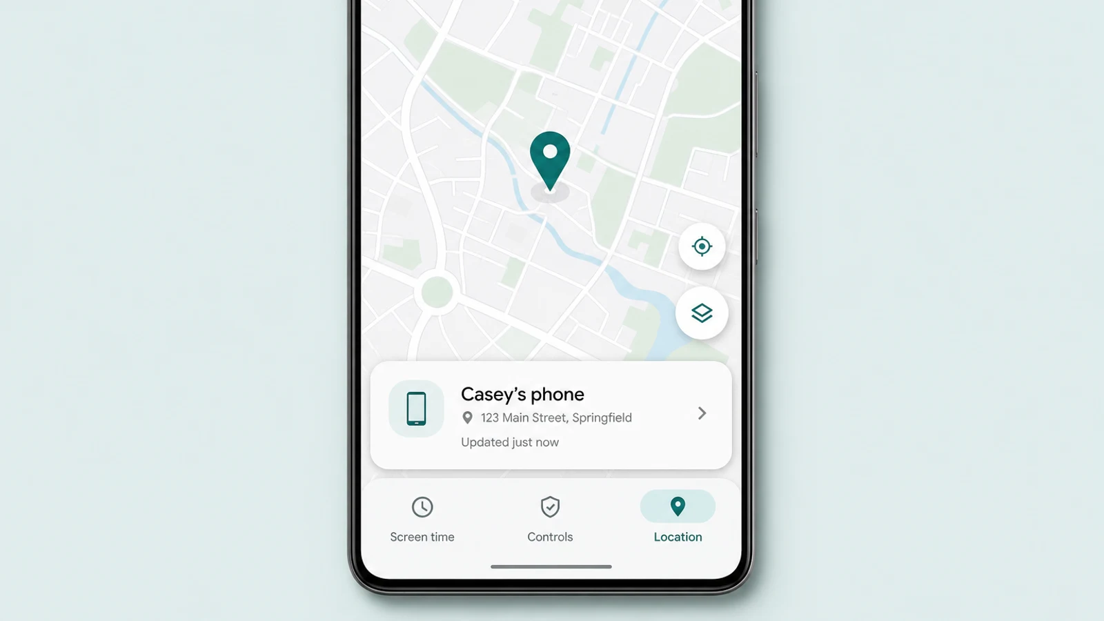 Family Link Location screen showing a map pin and a card naming the device