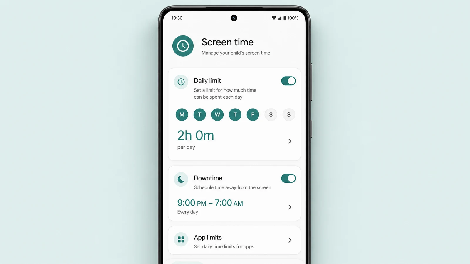 Family Link Screen time screen showing a daily limit, a Downtime bedtime schedule, and app limits