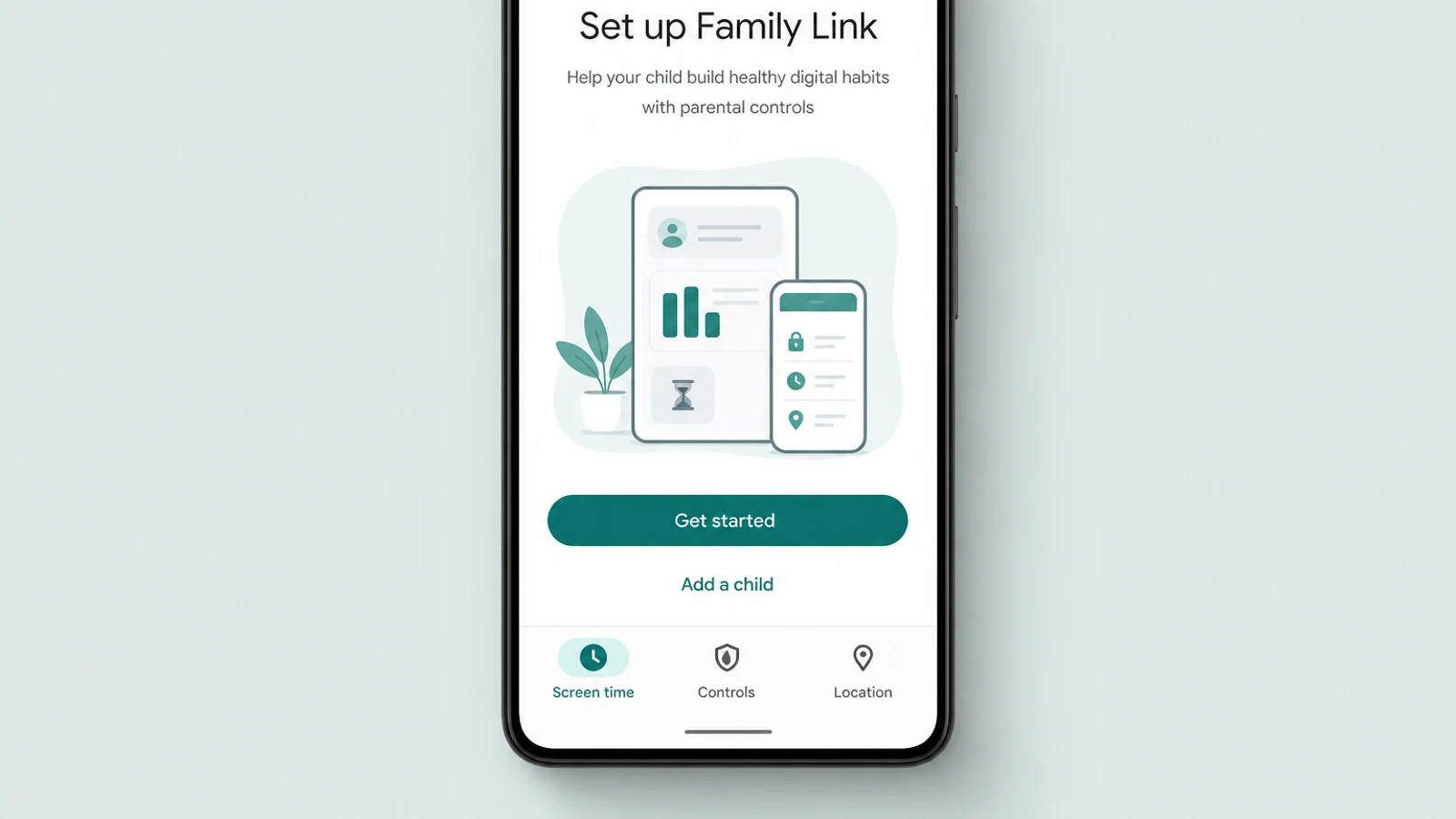 Family Link “Set up Family Link” onboarding screen with a Get started button