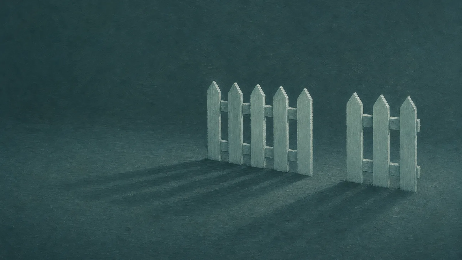 A low paper fence with a single gap on a deep-teal surface, casting a long shadow