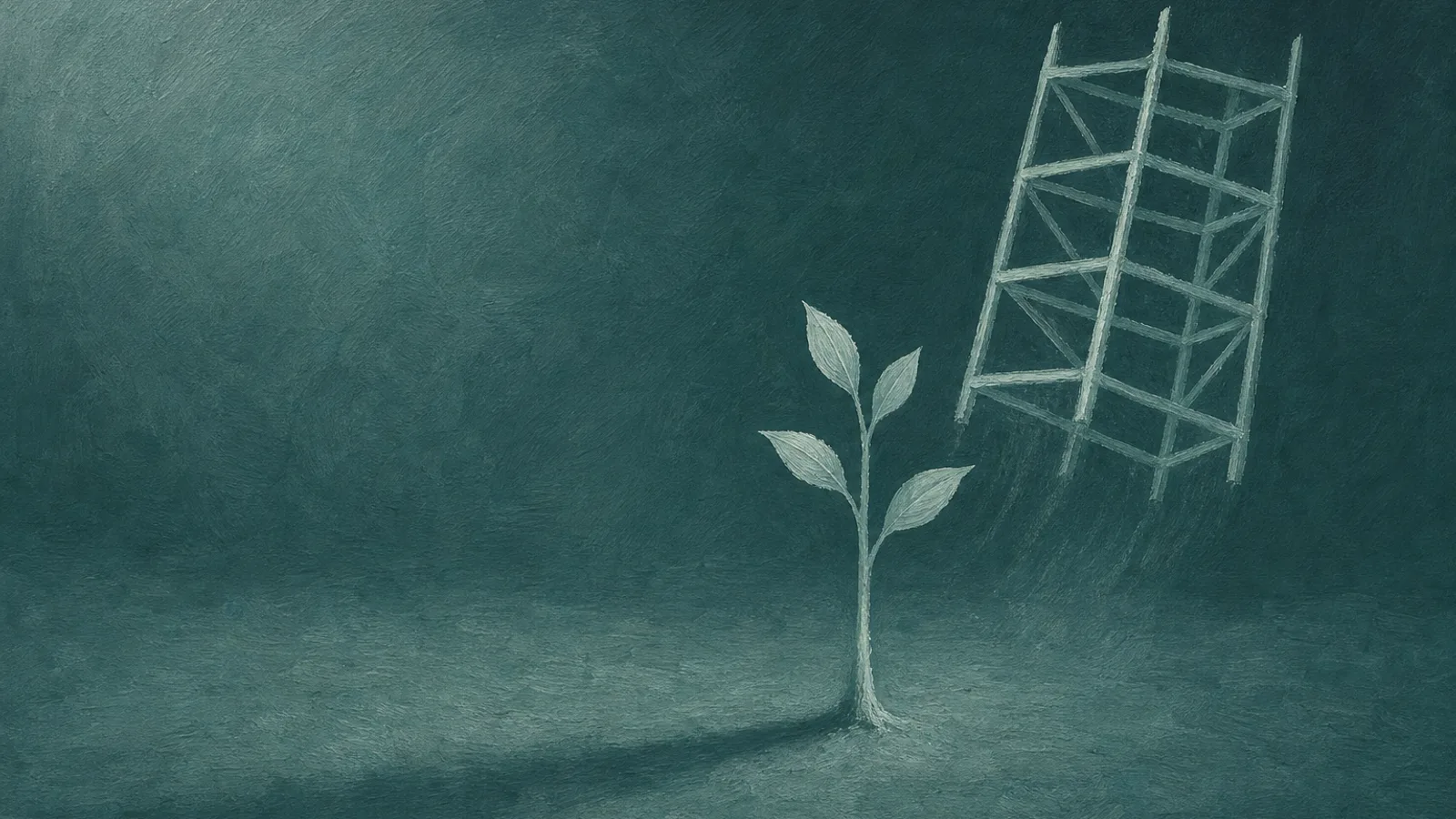 A slender paper sapling beside a lifted-away paper scaffold on a deep-teal surface