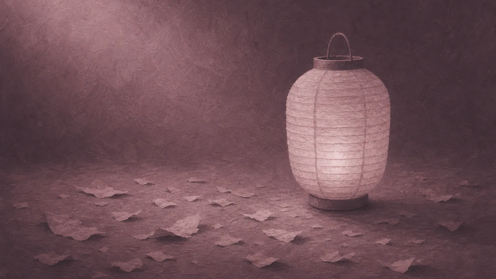 Pojedynczy zapalony papierowy lampion świecący spokojnie, gdy rozrzucone papierowe kształty opadają wokół niego
