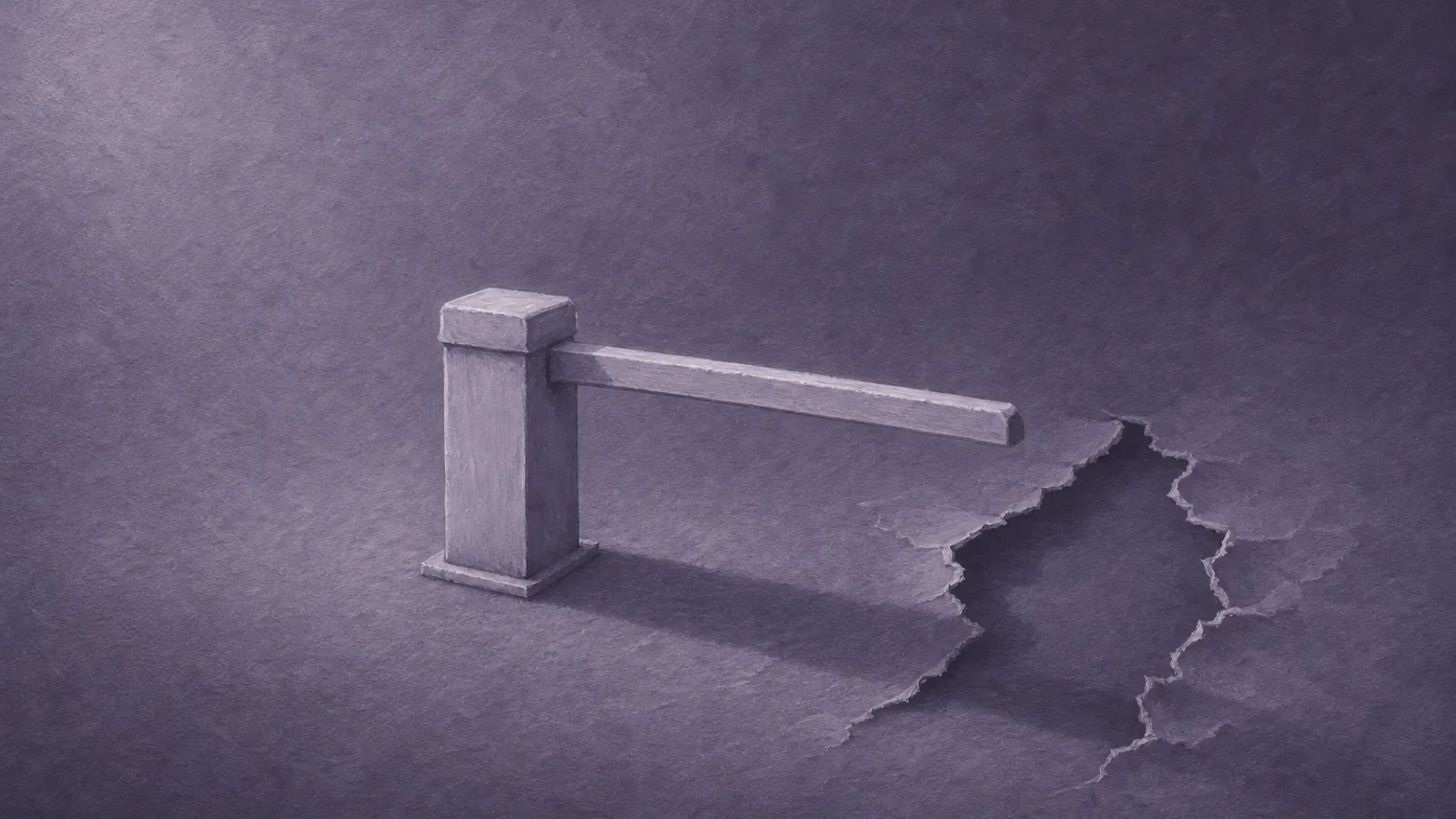 Un basso tornello di carta con uno squarcio su un lato, su una superficie viola polverosa