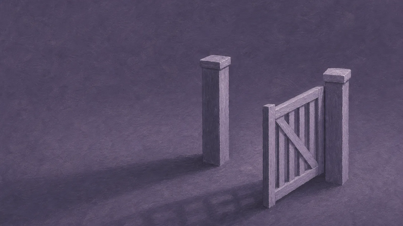 A small paper gate standing ajar with nothing behind it, on a muted surface