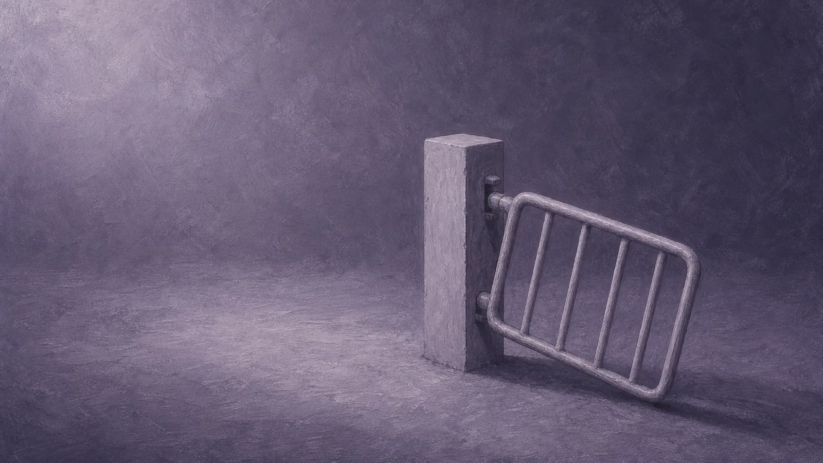 A low paper gate tipped open with nothing behind it, on a dusty-violet surface