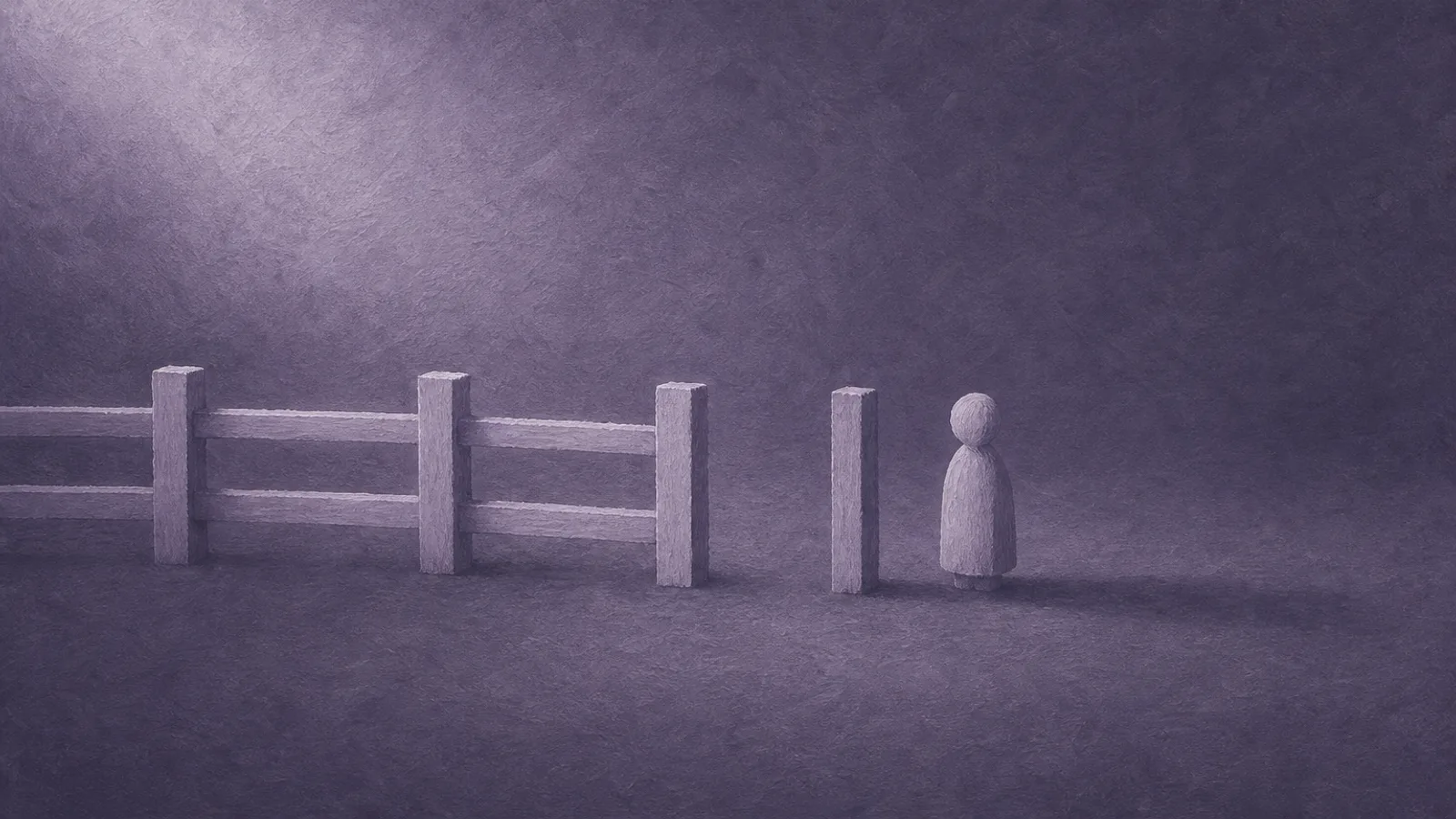 A single small paper figure standing among a half-built paper fence on a dusty-violet surface