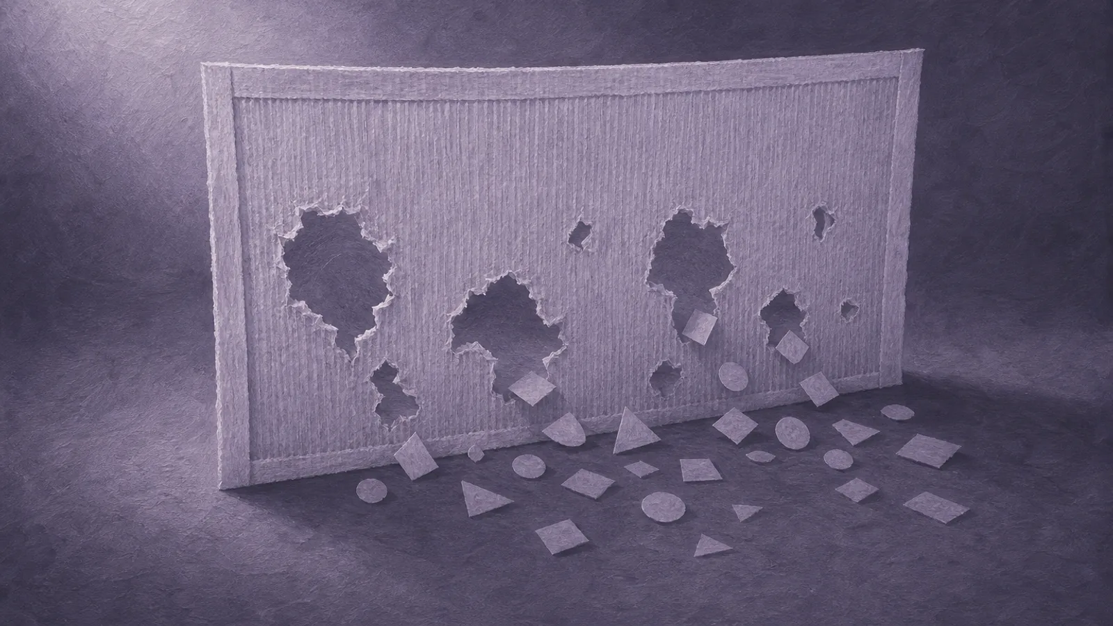 A paper filter panel with several torn holes letting small shapes slip through, on a dusty-violet surface