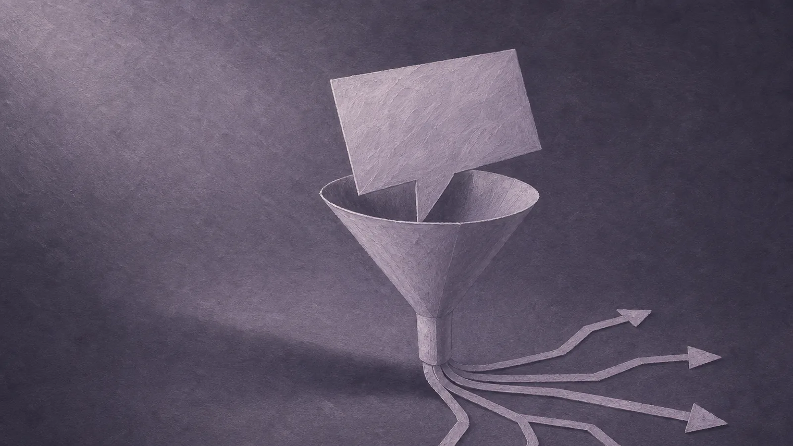A folded paper speech shape feeding into a funnel that splits into several outgoing paper arrows, on a dusty-violet surface